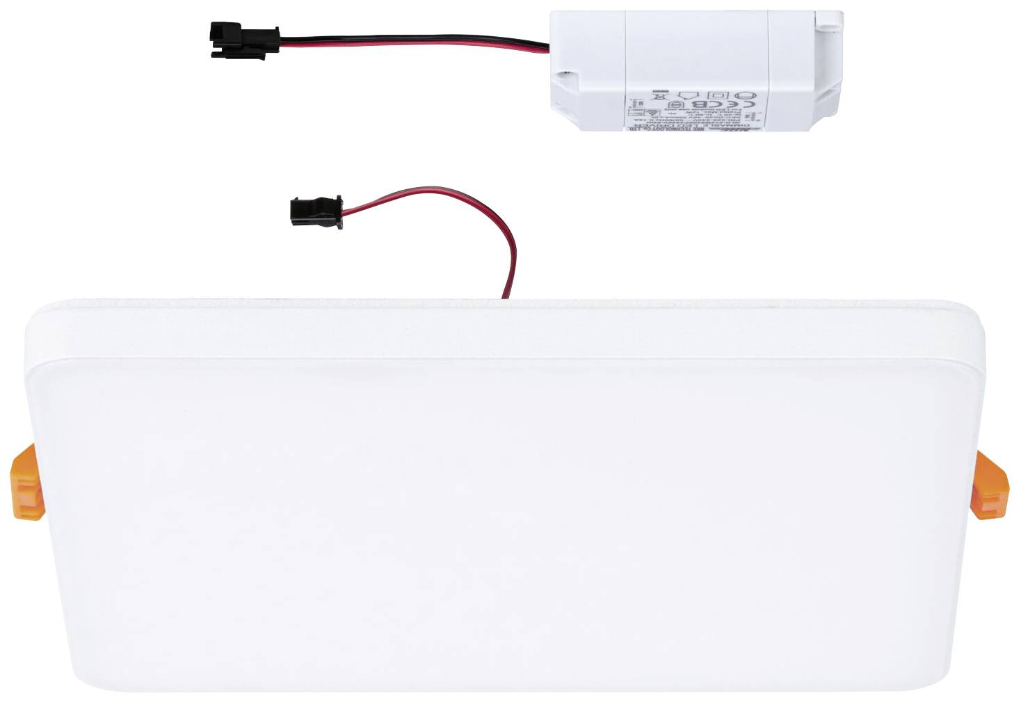 Plafonnier LED carré avec bloc d'alimentation et câble de connexion, adapté aux espaces résidentiels et commerciaux. Design écoénergétique.