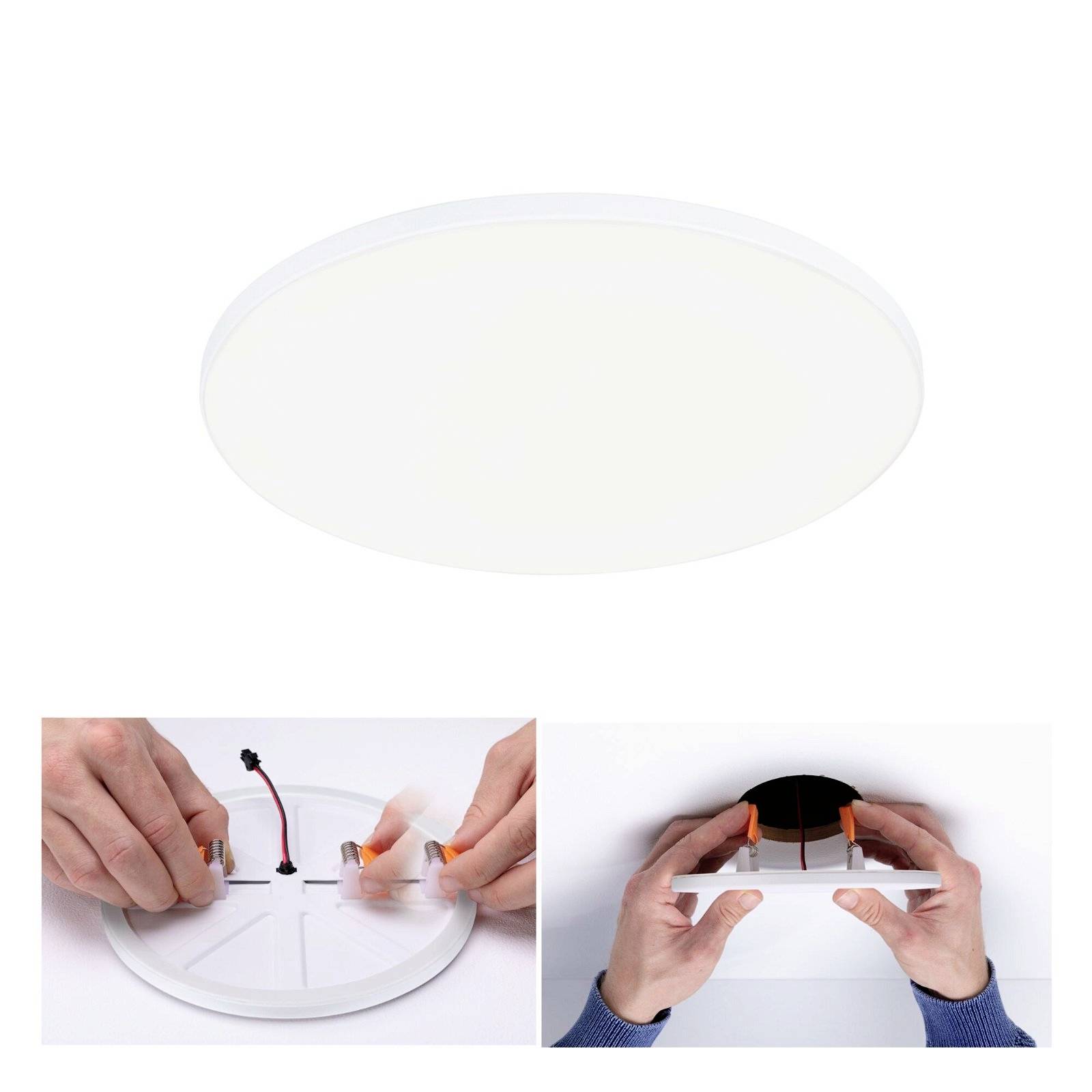 Plafonnier LED rond ; Mode d'emploi : Fixez les fils sur le socle, puis installez la lumière au plafond.
