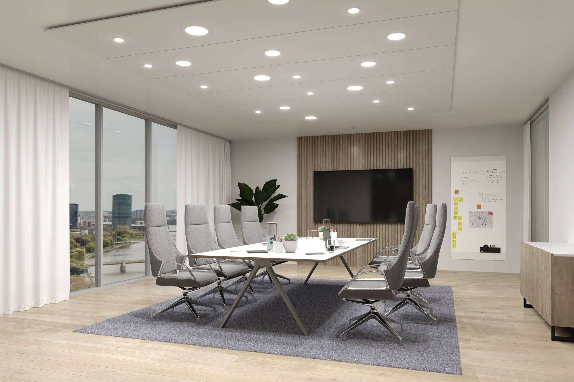 Salle de réunion moderne avec une grande table et huit chaises, écran plat contre le mur en bois, tableau blanc et fenêtre offrant une vue sur la ville.