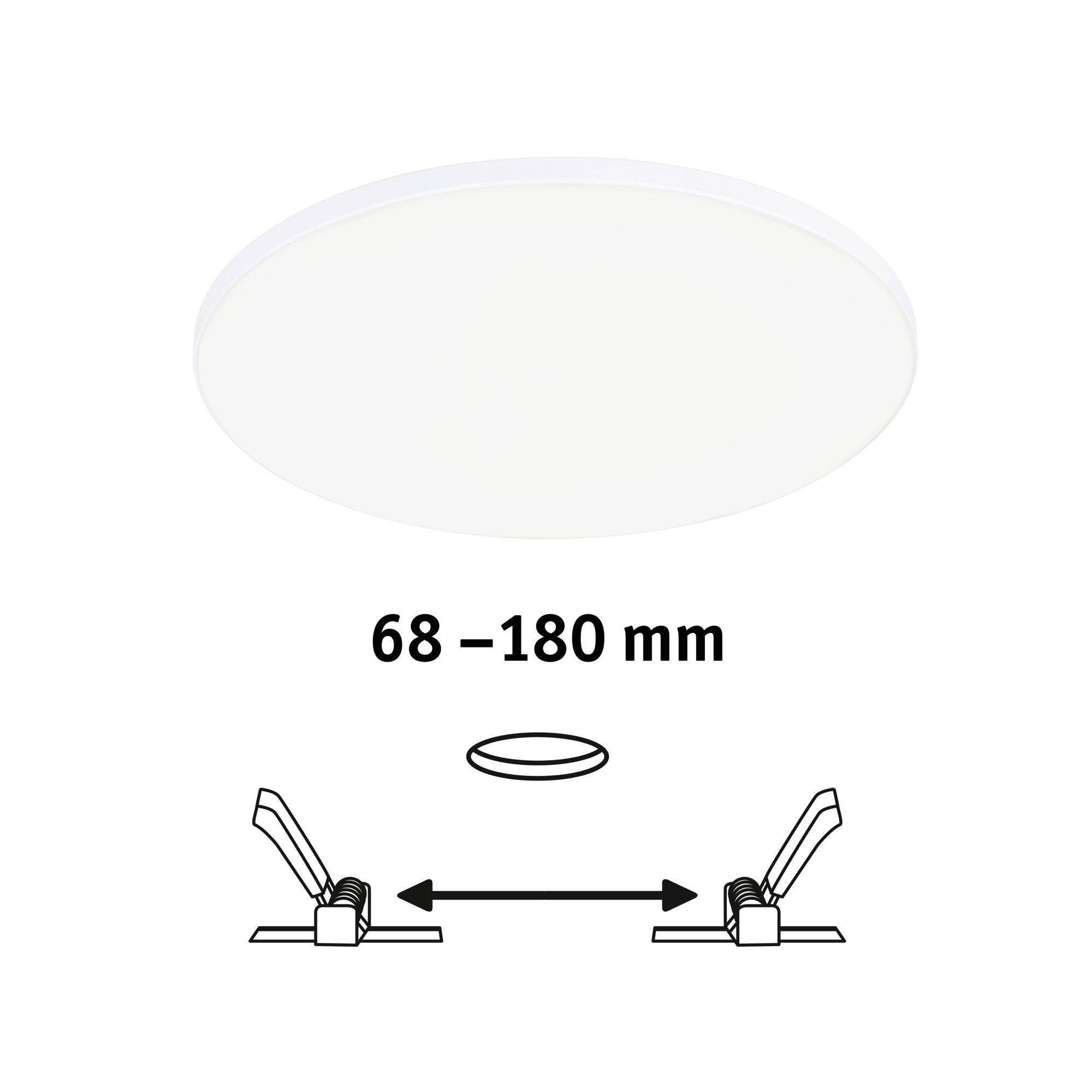 Plafonnier LED rond, diamètre 68-180 mm, avec support réglable pour différents types de découpes de plafond.