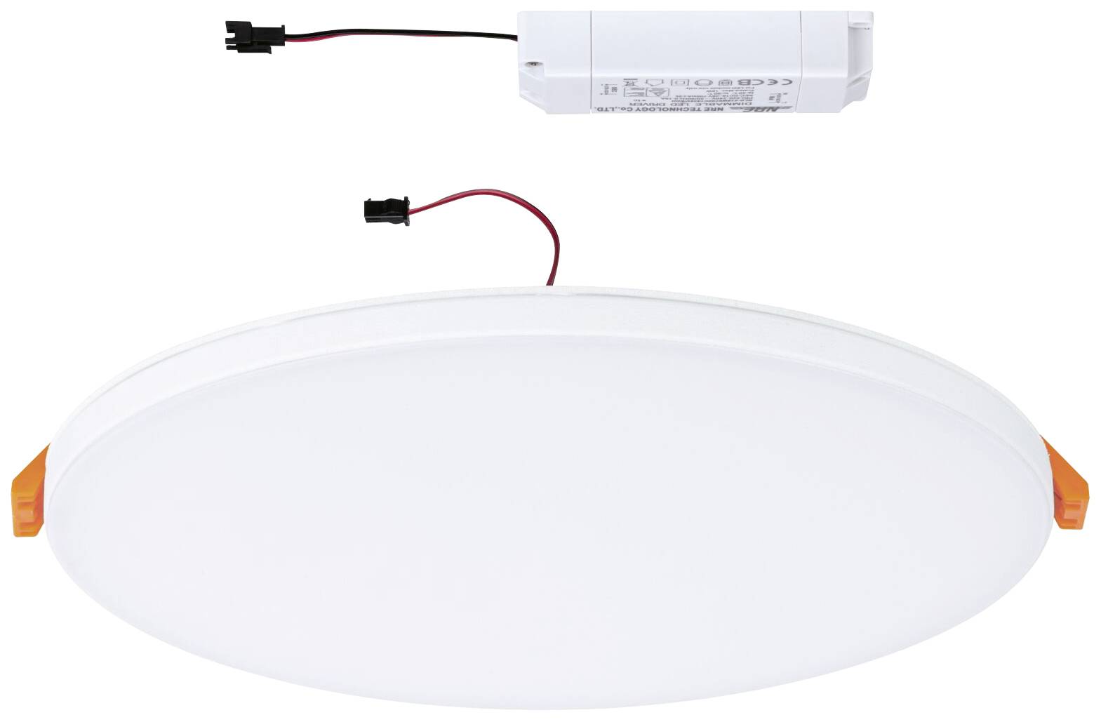 'Plafonnier LED rond avec driver externe, couvercle blanc avec des accents rouges, adapté aux systèmes d'éclairage modernes.'