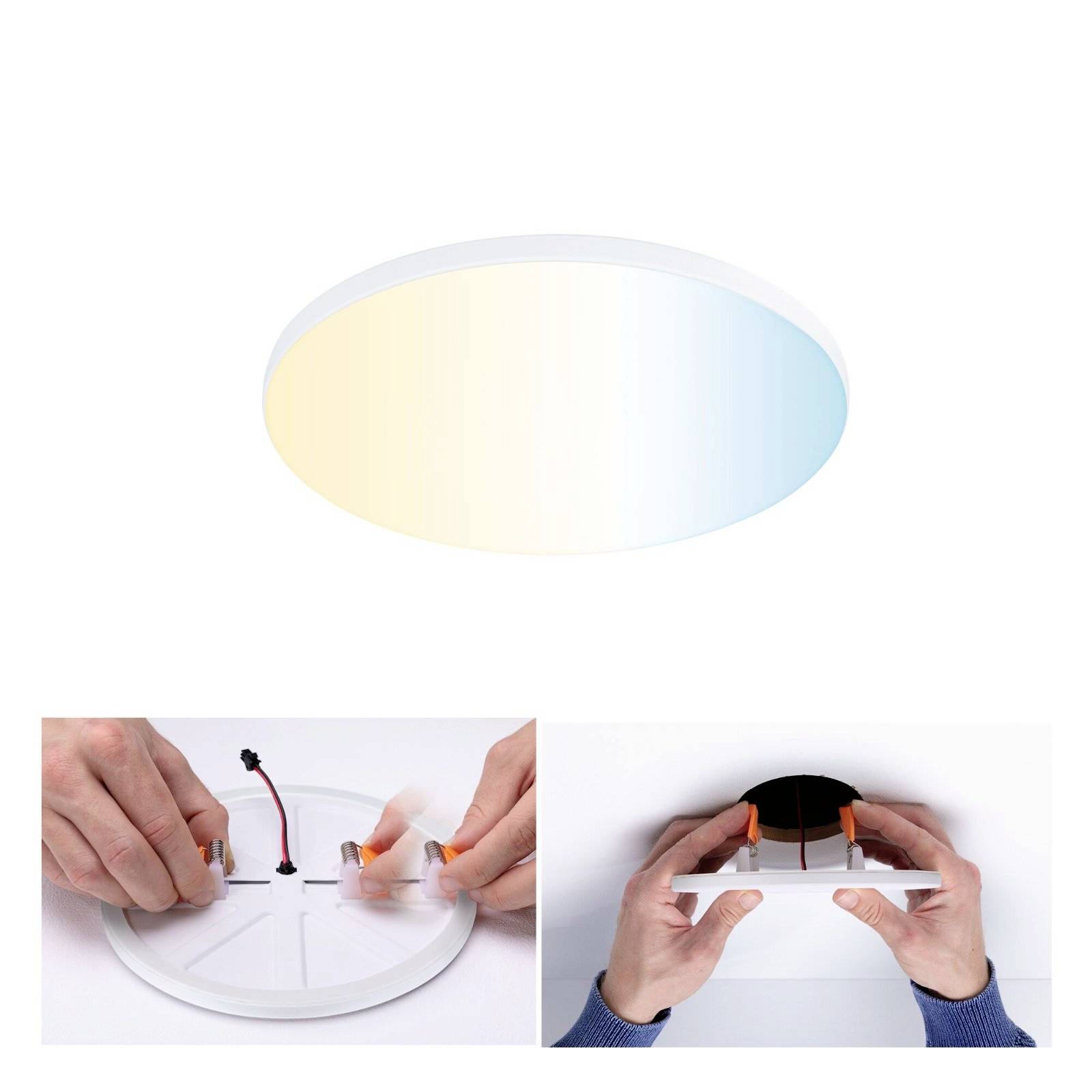 Plafonnier LED en cours de montage au plafond. Des mains fixent la lampe et illustrent le processus d'installation.