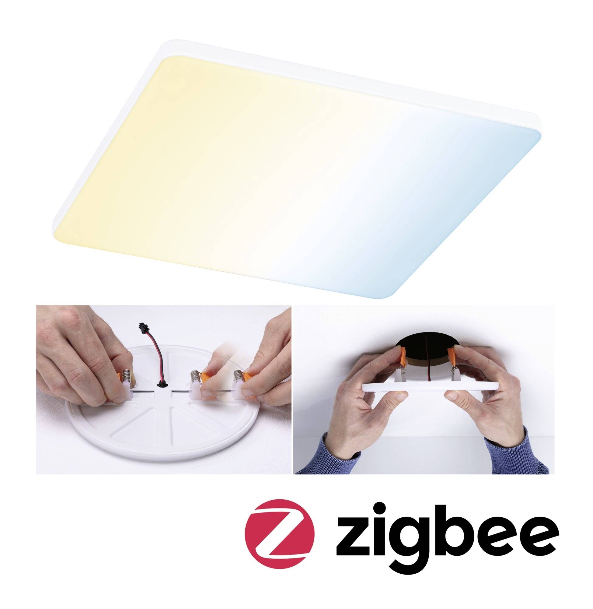 Plafonnier carré à dégradé du jaune au bleu. Deux images illustrent l'installation. Logo 'zigbee' en bas à droite.