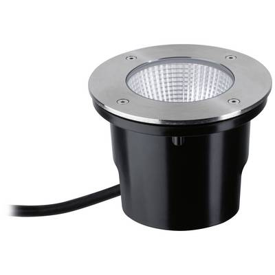 Luminaire encastré rond pour sol avec bordure argentée et boîtier noir, câble d'alimentation électrique, adapté pour l'extérieur.