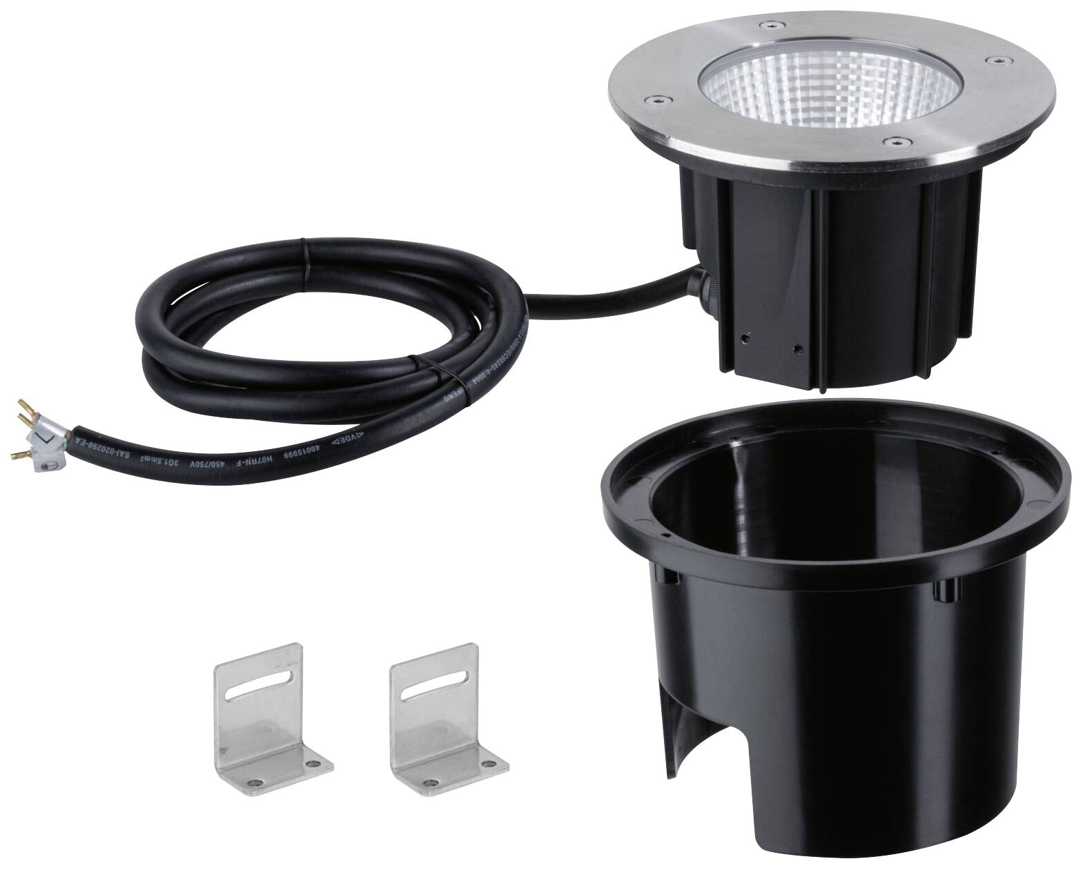 Spot encastrable avec cadre métallique rond et source lumineuse LED, boîtier noir, câble électrique et deux supports métalliques.