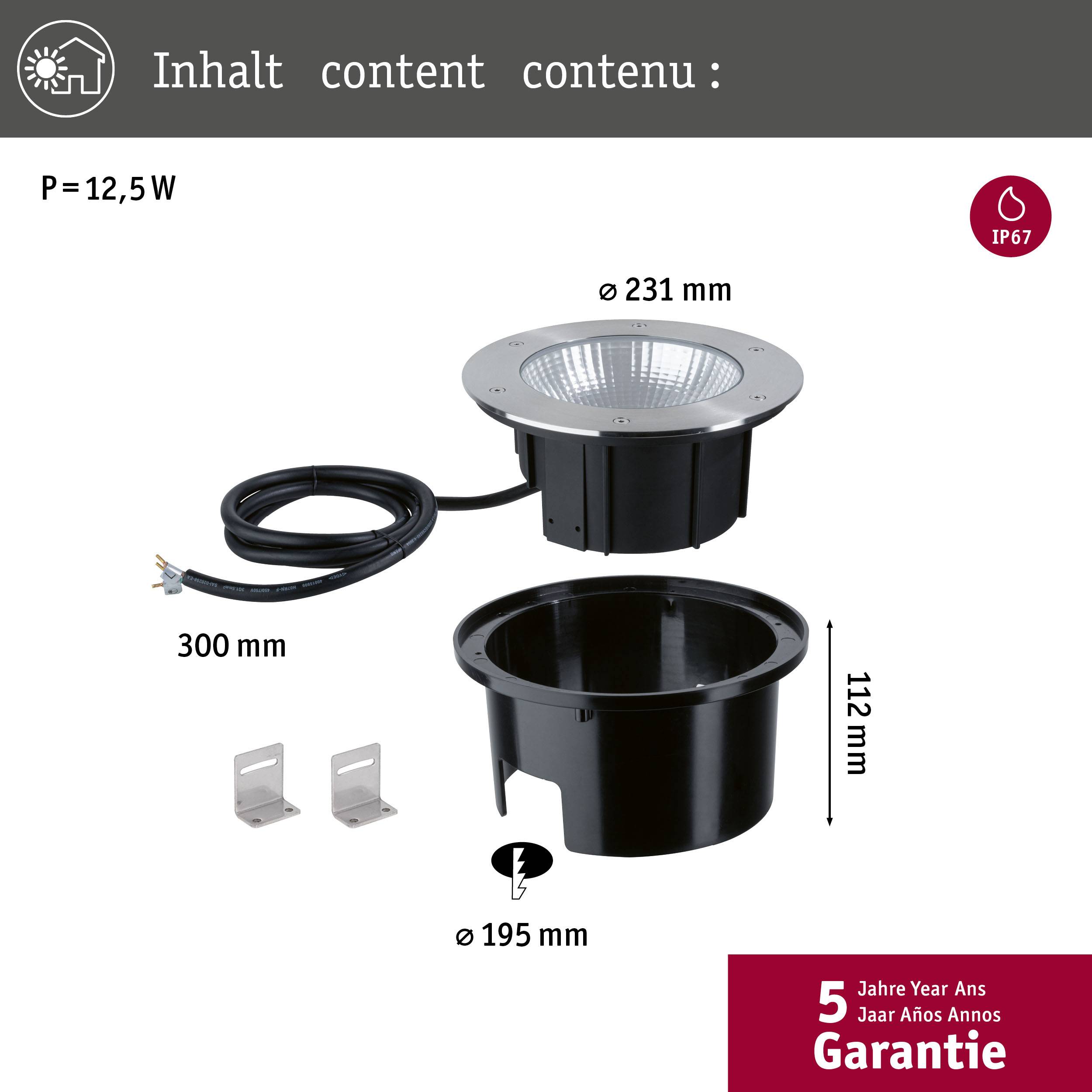 Ensemble de spot LED encastrable au sol avec détails d'installation : Luminaire (231 mm), boîtier d'encastrement (195 mm), câble (300 mm), avec 5 ans de garantie.