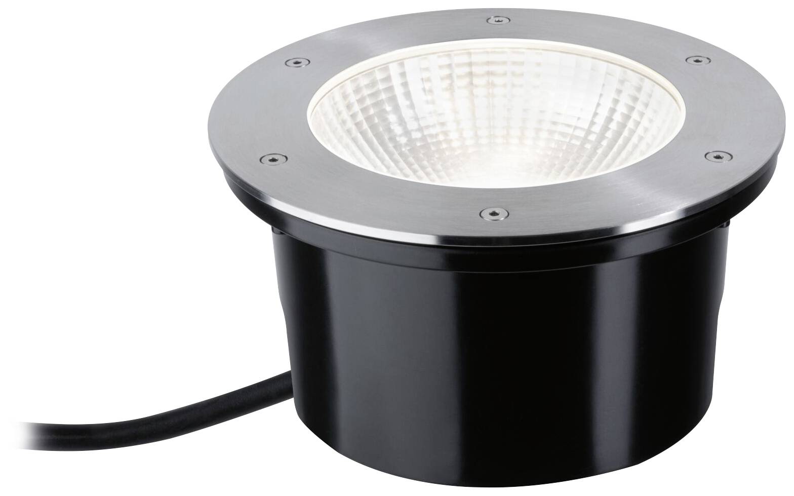 Spot encastrable noir avec bordure métallique, câble sur le côté. Adapté pour un montage au sol, apporte une ambiance moderne à l'environnement.
