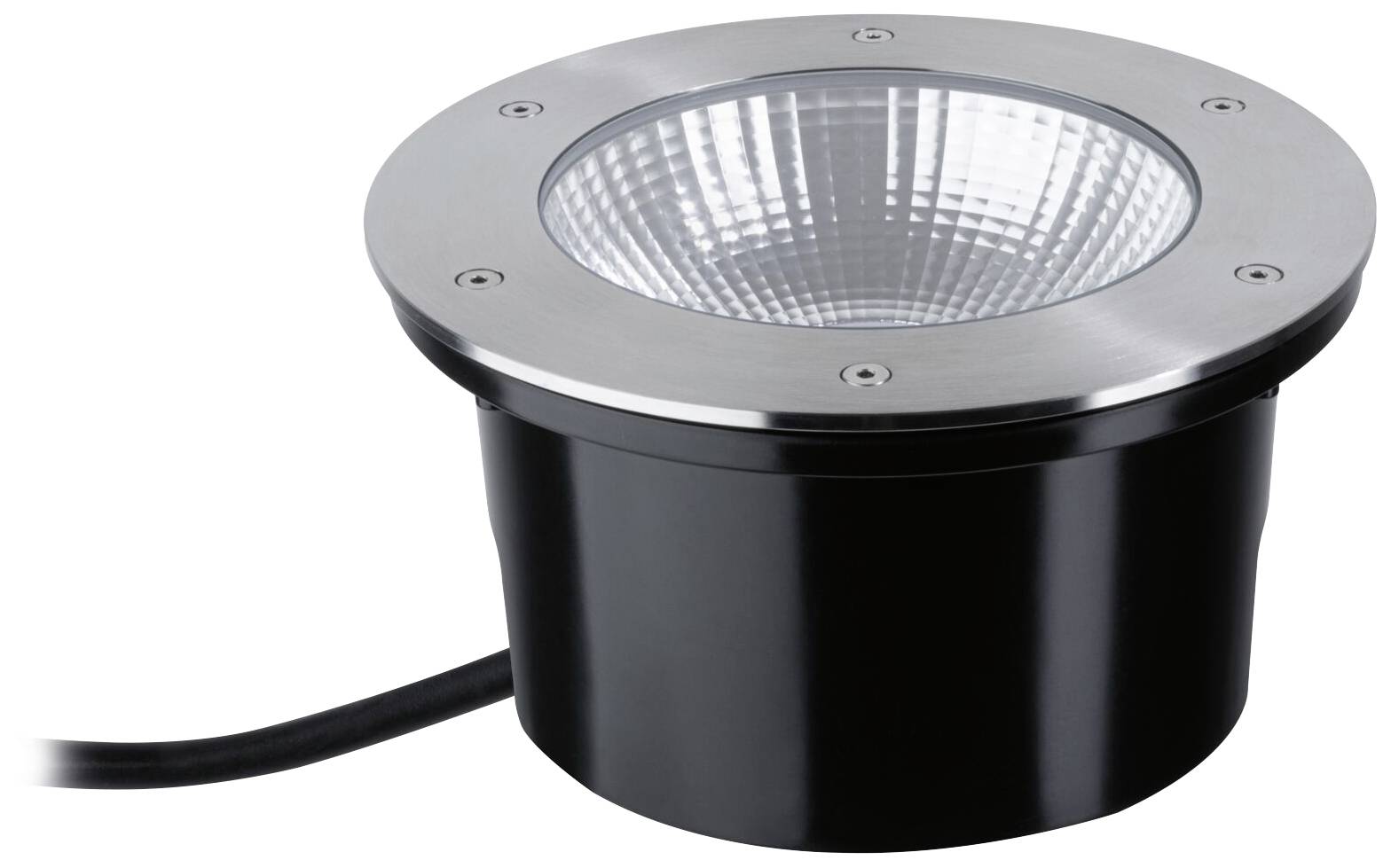 Un projecteur LED encastré rond avec un cadre en acier inoxydable et un boîtier noir. Un câble dépasse sur le côté.