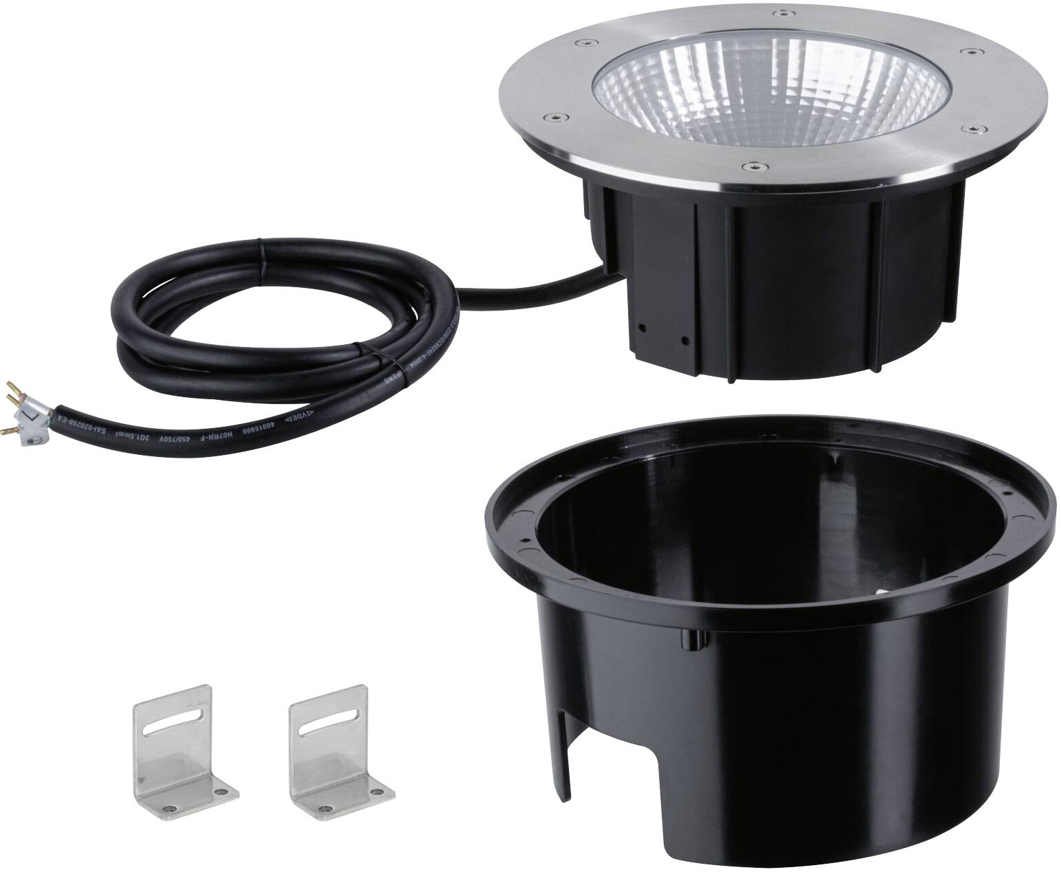 Un ensemble de spot encastrable pour extérieur, composé d'un luminaire rond, d'un câble de connexion, d'un boîtier d'encastrement et de deux supports.