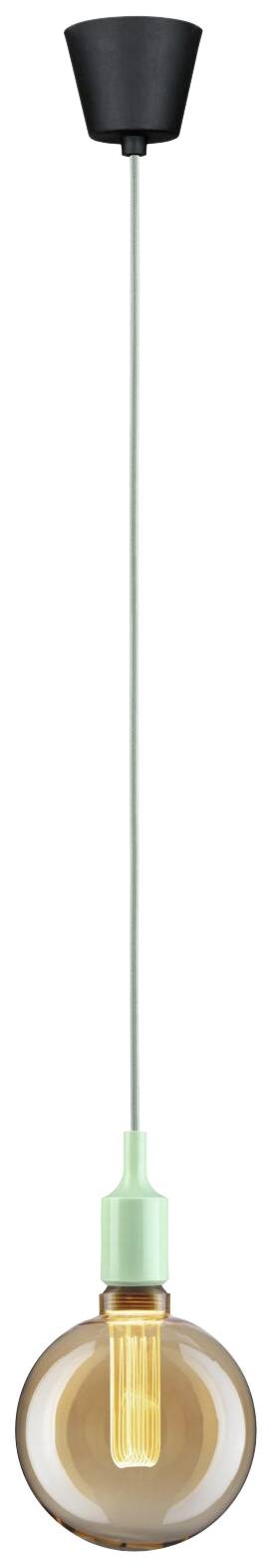Une ampoule suspendue avec un culot noir et un câble vert, brillant d'une lumière chaude, sur un fond neutre.