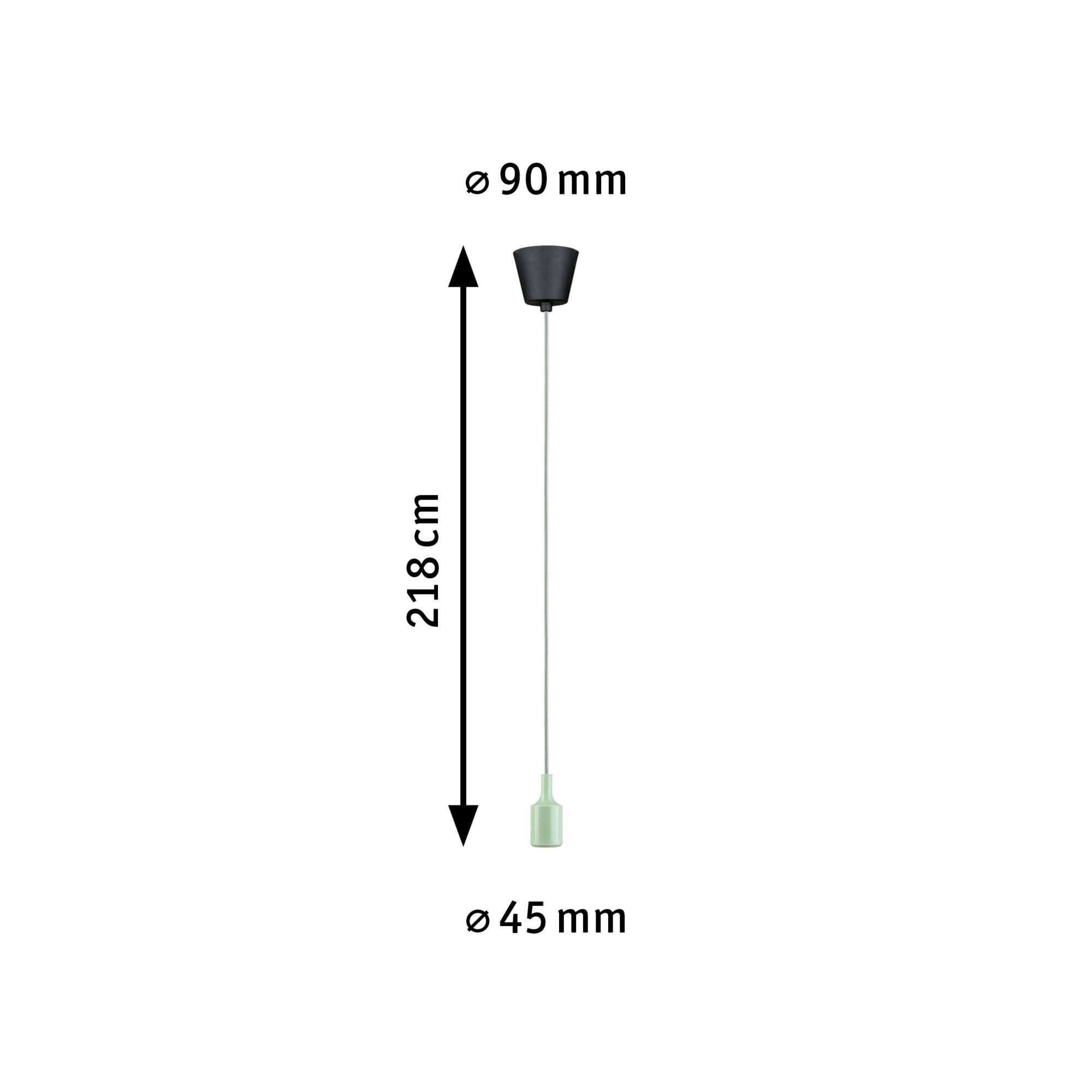 Illustration d'une suspension avec dimensions : 218 cm de hauteur, diamètre du support de plafond de 90 mm, diamètre du fond de lampe de 45 mm.