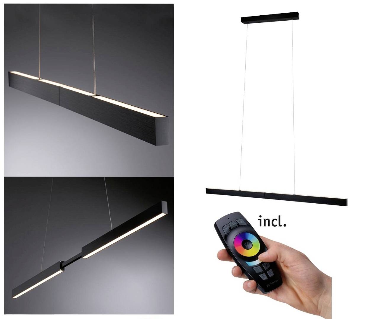 Suspension lumineuse avec bandeau LED de design moderne, incluant une télécommande pour le changement de couleur. Idéal pour un éclairage d'ambiance élégant.
