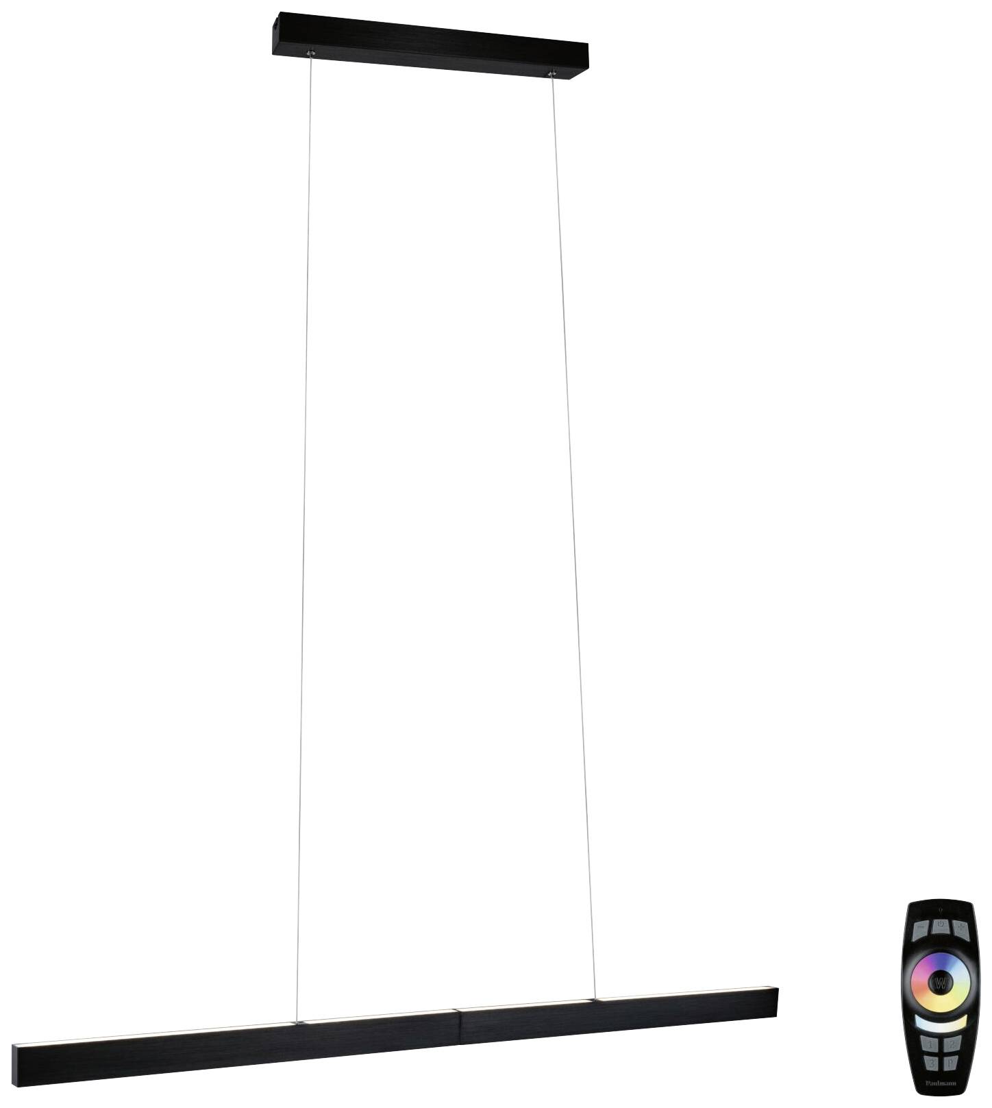 Une suspension moderne, noire et rectangulaire, équipée de tiges ajustables, accompagnée d'une télécommande pour le contrôle de l'éclairage.