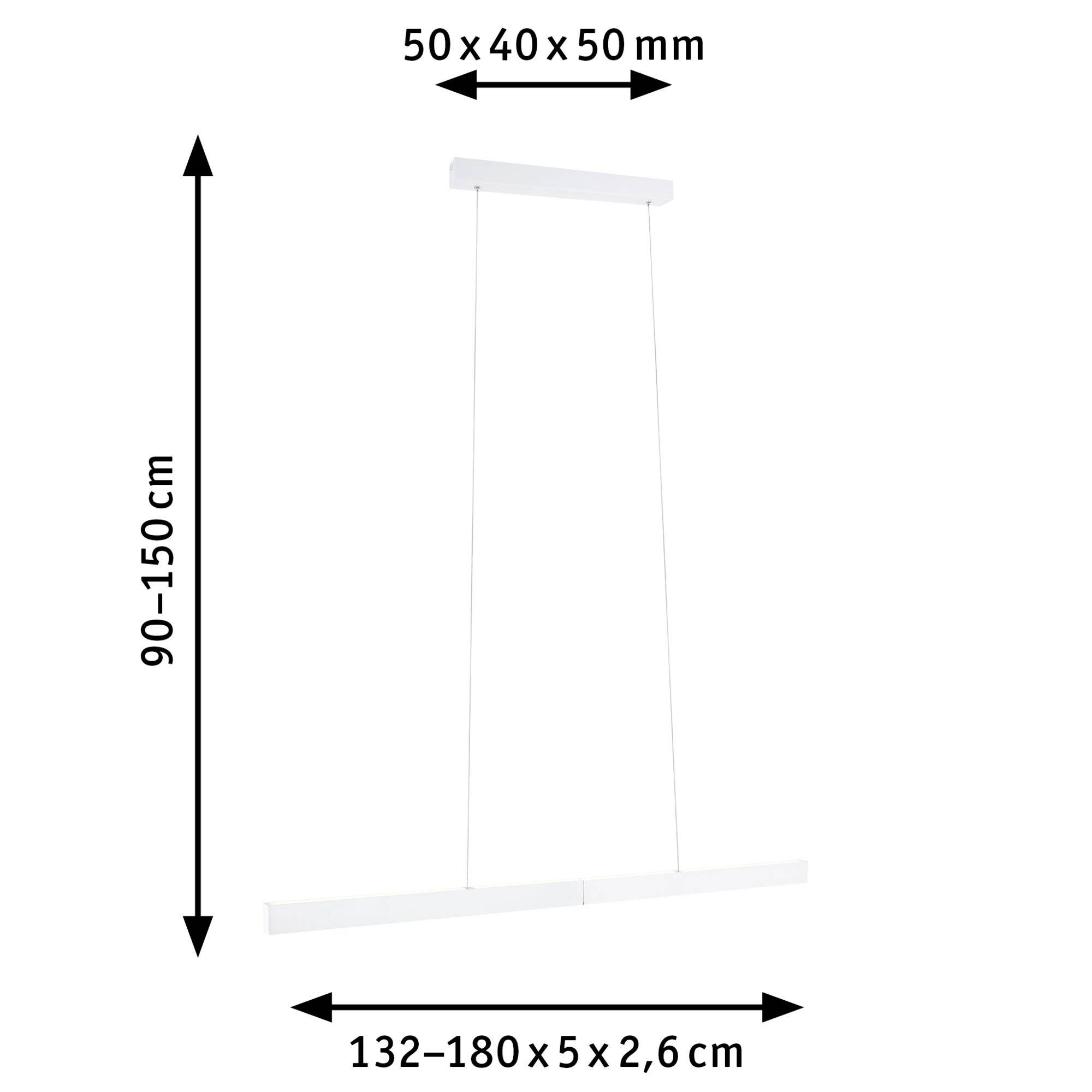 Suspension en métal blanche. Dimensions : Pavillon 50x40x50 mm, luminaire 132-180x5x2,6 cm, hauteur réglable de 90-150 cm.