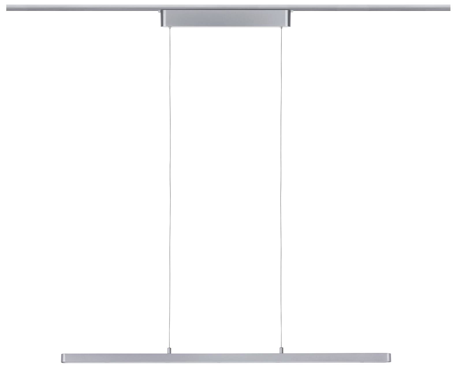 Une lampe LED suspendue minimaliste au design moderne, composée d'une longue barre lumineuse étroite, suspendue par deux câbles fins.