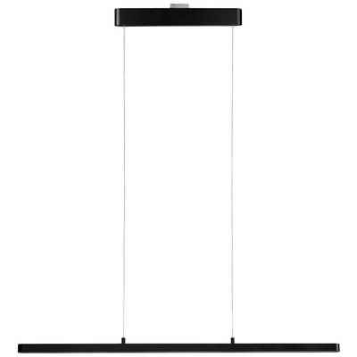 Lampe suspendue noire minimaliste avec un long abat-jour rectangulaire, suspendue par des câbles fins à partir d'une base rectangulaire.
