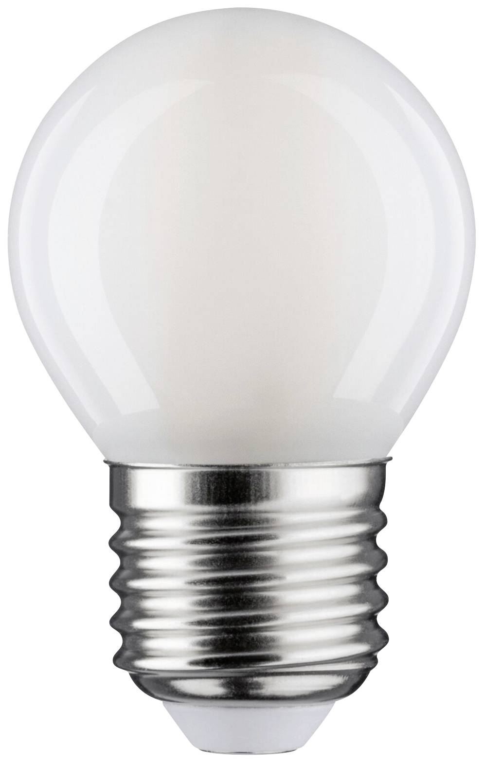 Ampoule individuelle avec un globe en verre blanc et une base à vis argentée, détourée sur un fond blanc.