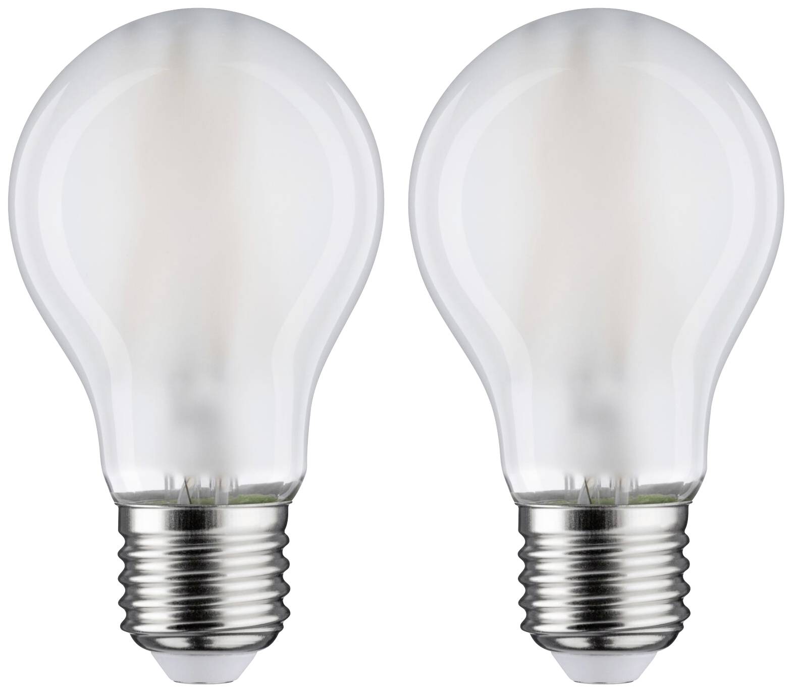 Deux ampoules classiques à culot argenté côte à côte sur un fond blanc. Idéales pour l'éclairage des espaces de vie.