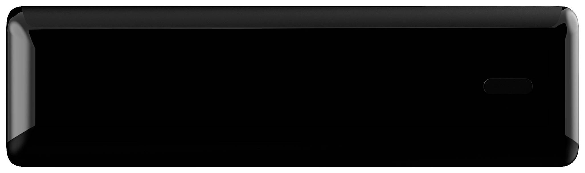 Un appareil noir, rectangulaire, brillant avec des coins arrondis et un petit bouton sur le côté droit.