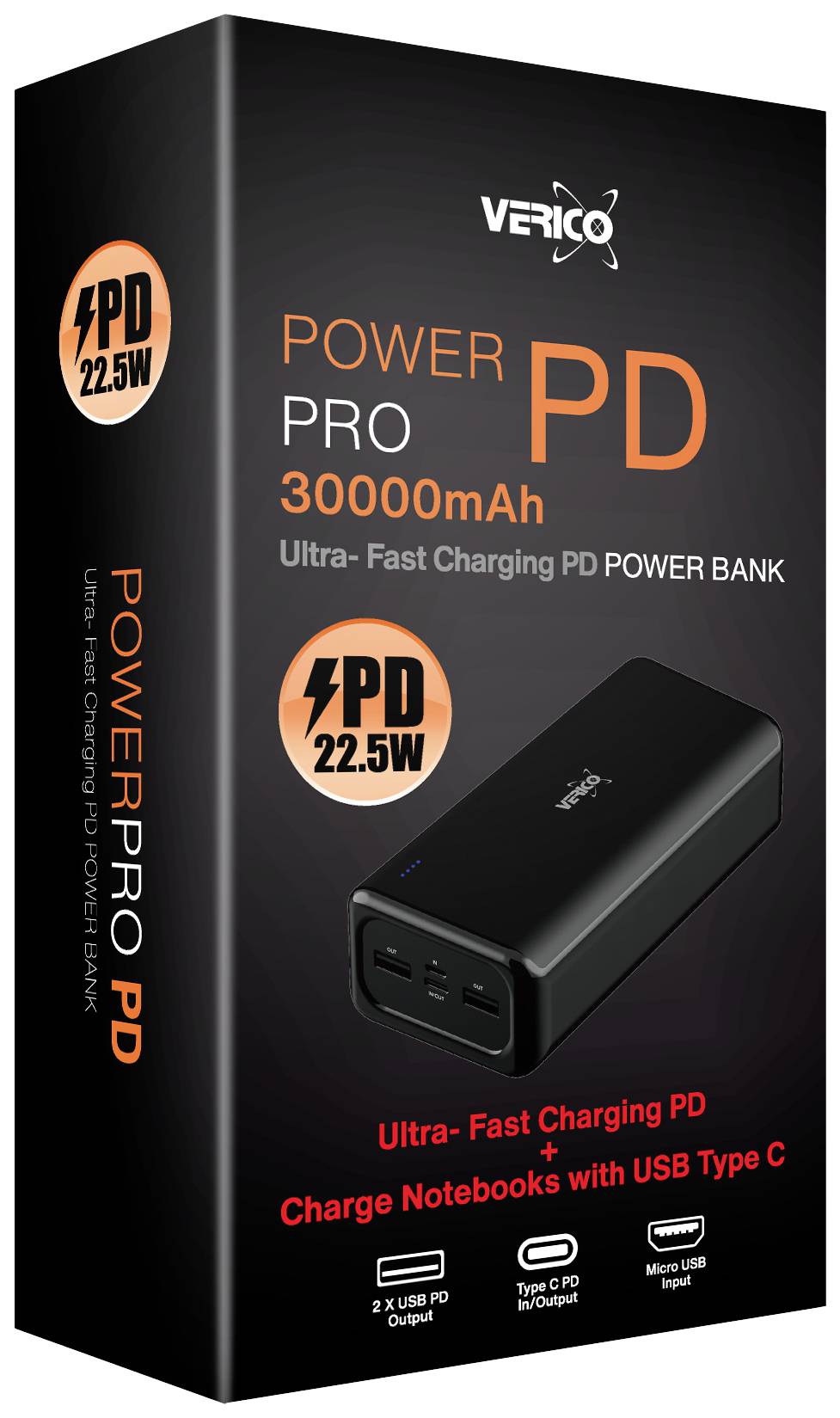Powerbank Verico PowerPro PD 30000mAh. L'emballage présente un chargeur rapide doté d'un port USB-C et de deux sorties USB, avec une puissance de 22,5W.