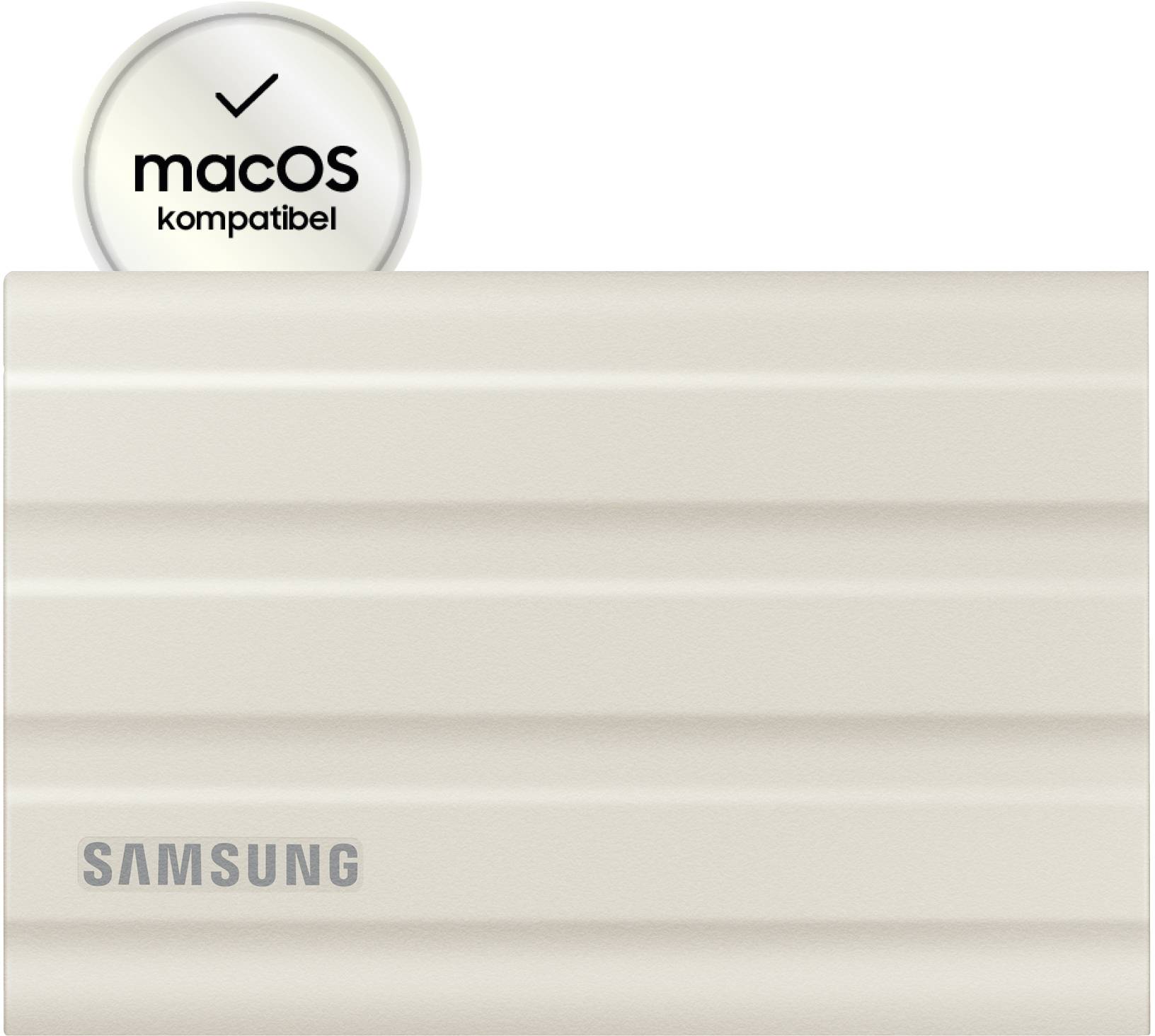 Disque dur externe Samsung en beige avec symbole de compatibilité MacOS.
