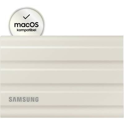 Disque dur externe Samsung en beige avec symbole de compatibilité MacOS.