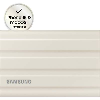 Disque dur externe Samsung, compatible avec iPhone 15 et macOS, de couleur beige, avec logo Samsung.