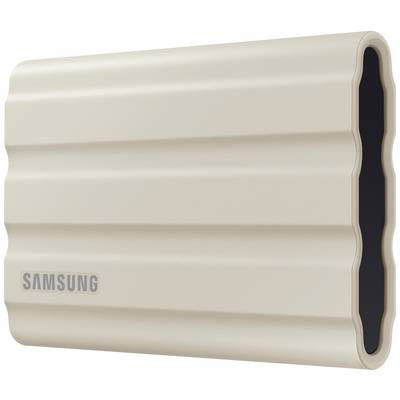 Disque dur externe beige Samsung au design texturé. Idéal pour la sauvegarde et le stockage de données. Aspect compact et moderne.