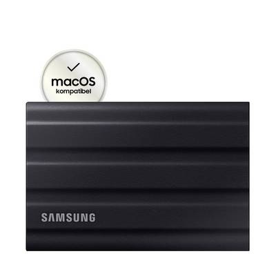 Disque SSD externe de Samsung portant l'inscription 'compatible macOS' dans un cercle contenant une coche.