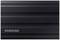 Disque SSD externe Samsung, noir, avec des rainures horizontales, sur fond blanc.