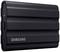 Disque SSD externe de Samsung avec un boîtier noir texturé et un port USB-C sur le côté gauche.