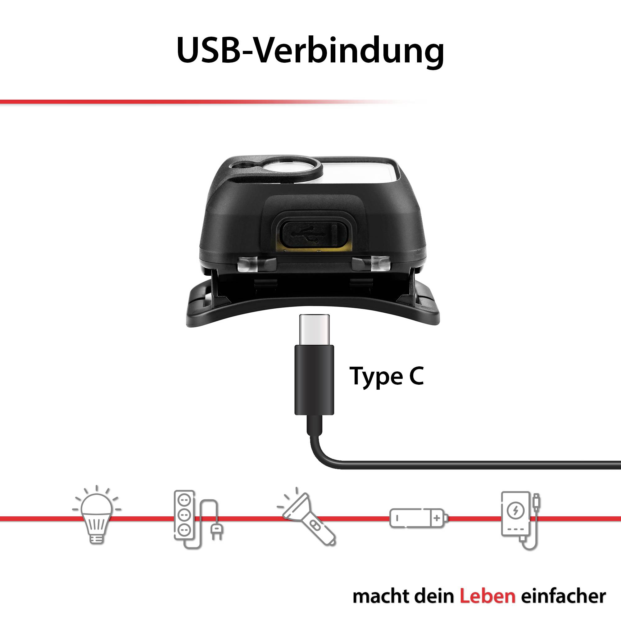 Lampe de poche USB avec connecteur de type C, texte en haut 'Connexion USB' et en bas 'rend ta vie plus simple' sur fond blanc.