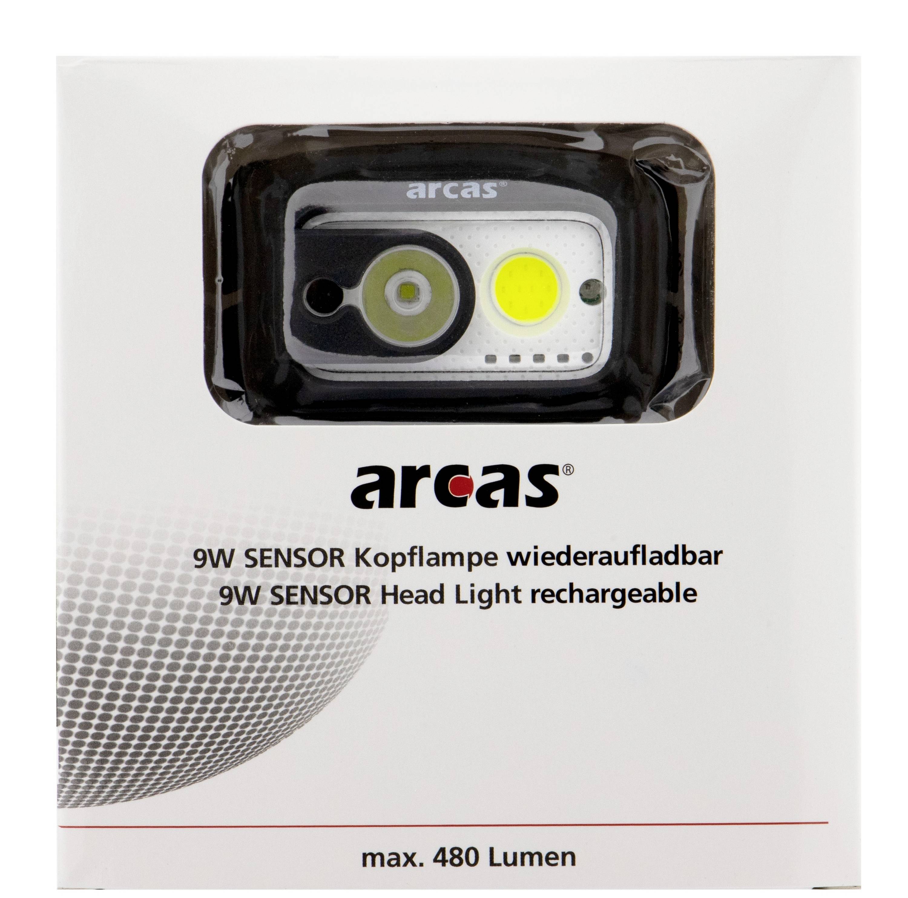 L'emballage présente une 'Lampe frontale 9W SENSOR, rechargeable', d'une puissance maximale de 480 lumens, équipée de deux lumières et d'un capteur sur l'avant.
