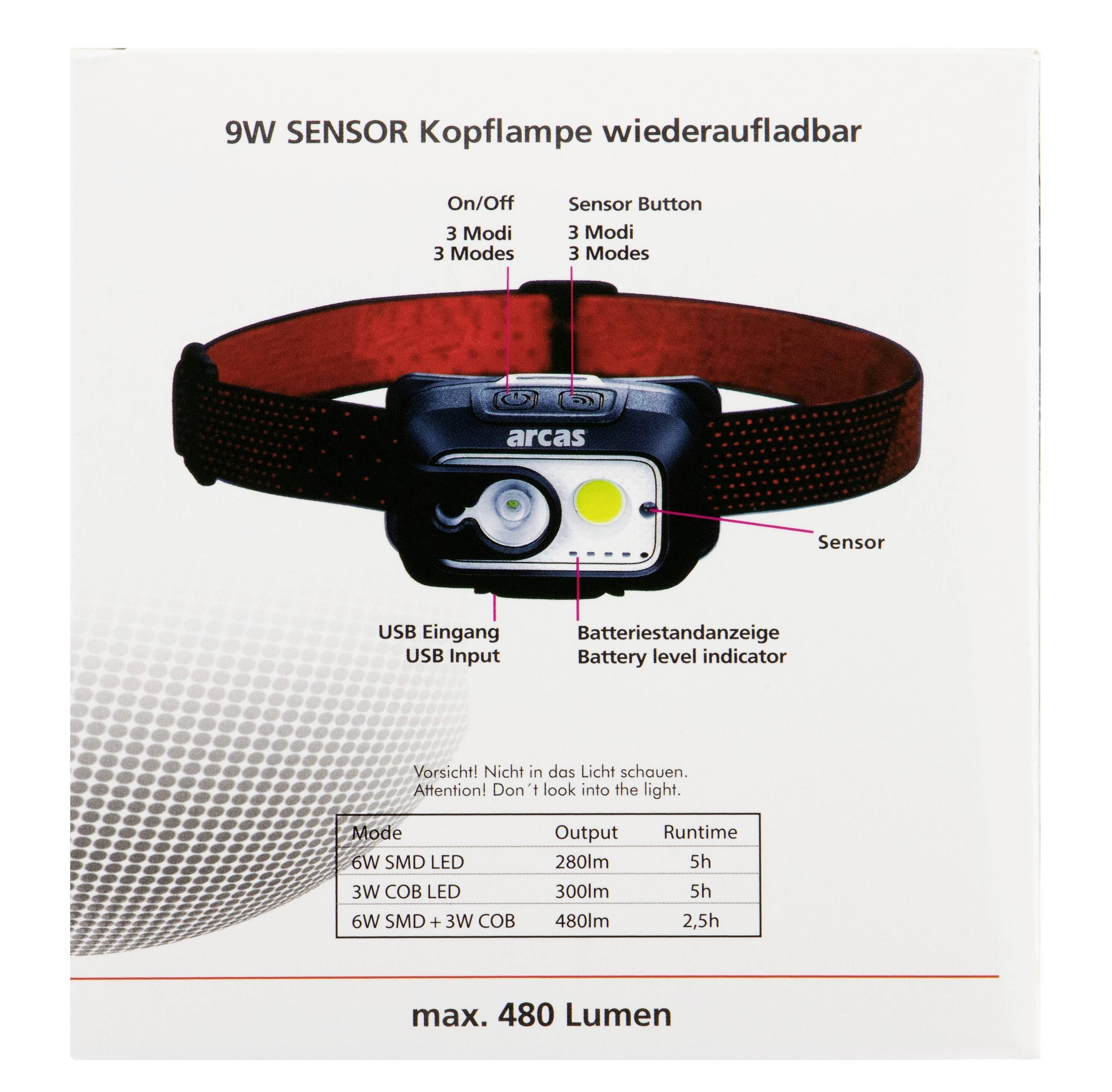 Lampe frontale '9W SENSOR' avec bande rouge, plusieurs modes et commande par capteur, rechargeable via USB. Luminosité jusqu'à 480 lumens.