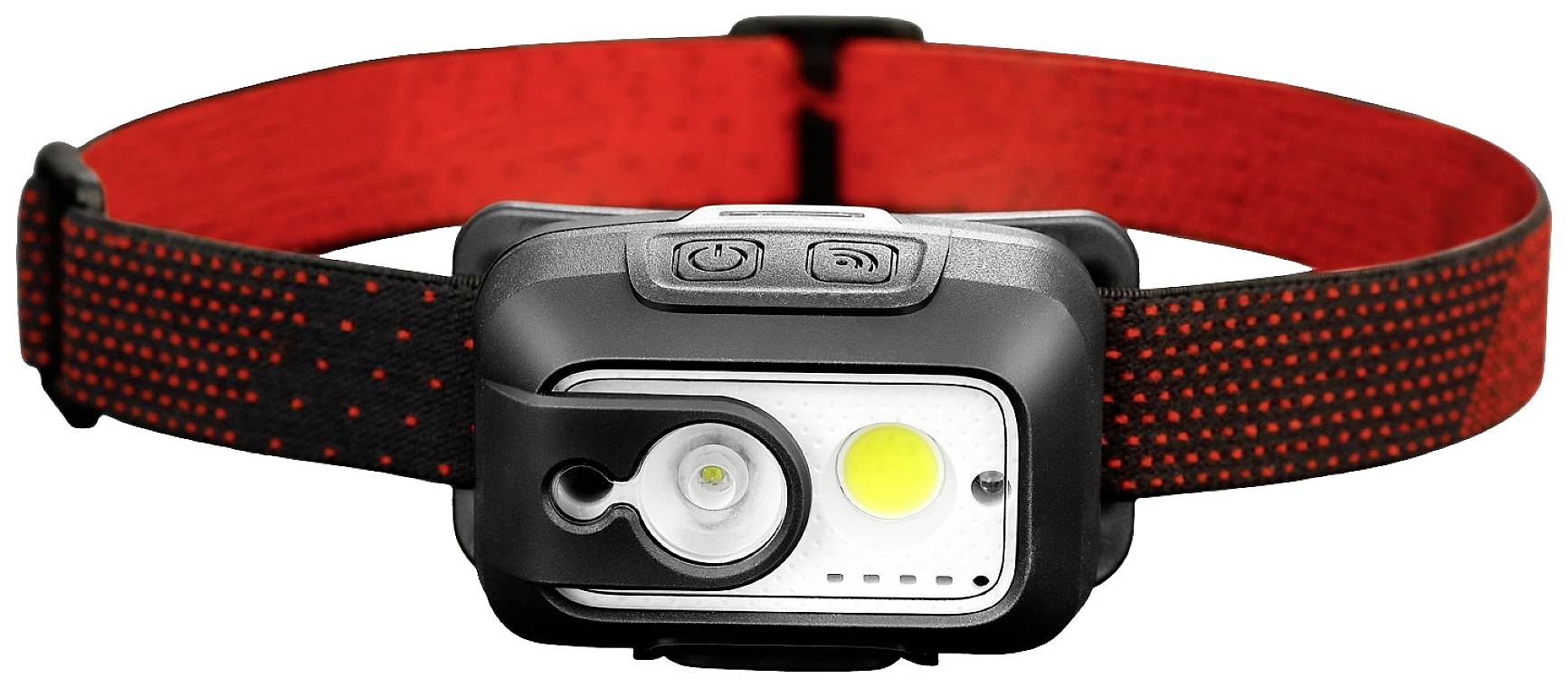 Lampe frontale avec bandeau rouge et noir, équipée de deux lampes LED, adaptée aux activités de plein air en conditions de faible luminosité.