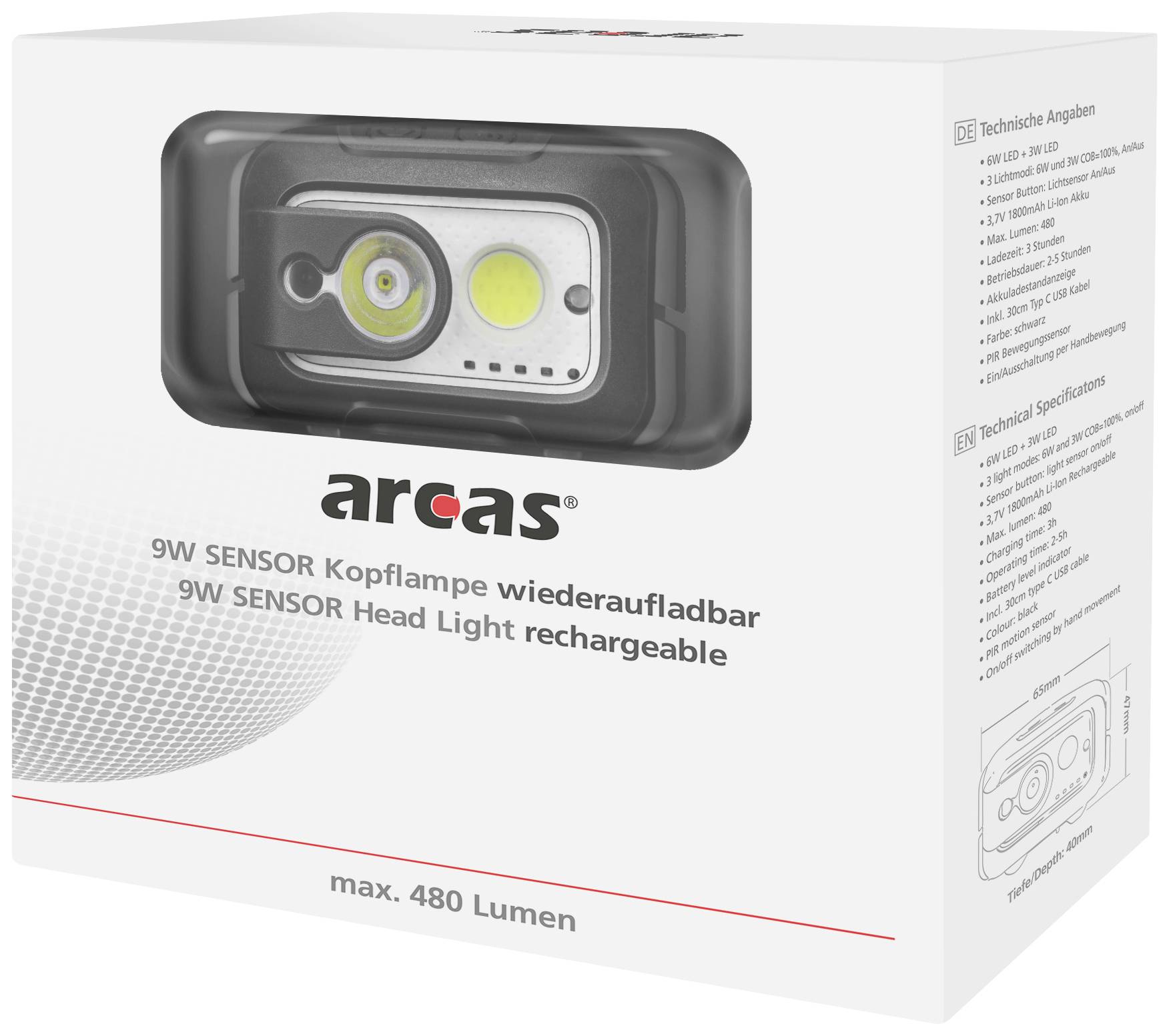 Emballage d'un lampe frontale rechargeable de 9W avec capteur par arcas, jusqu'à 480 lumens. Spécifications techniques sur la page.