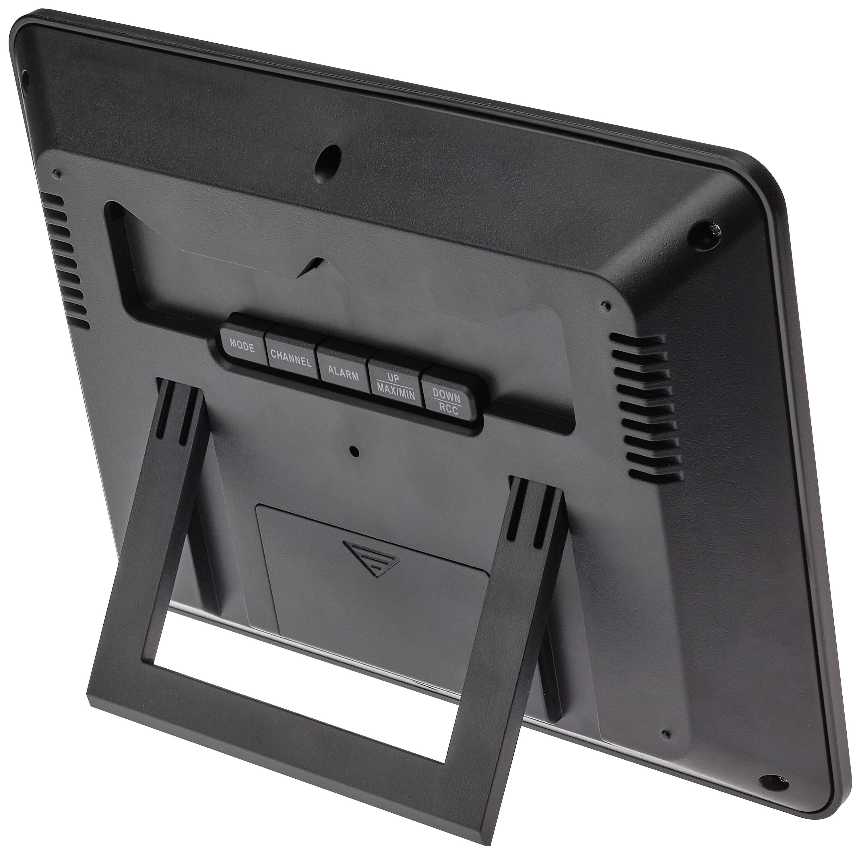 Dos d'un appareil électronique noir avec un support rabattable et plusieurs touches de commande au centre.