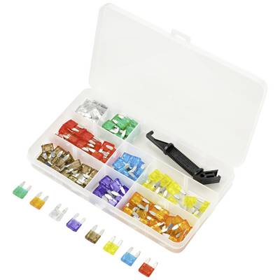 Boîte d'assortiment avec différents fusibles colorés et une pince.