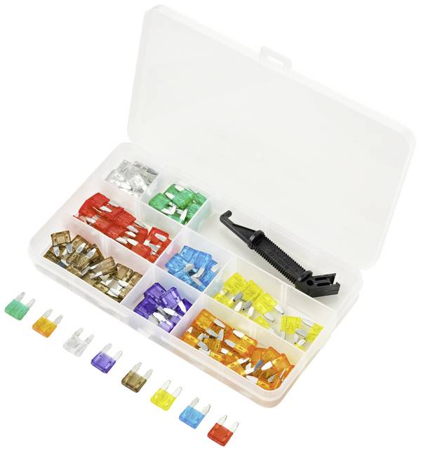 TRU COMPONENTS  TC-10334036 Mini fusible plat 3 A, 5 A, 7.5 A, 10 A, 15 A, 20 A, 25 A, 30 A violet, orange, gris, rouge, bleu, jaune, transparent(e), vert 100 pc(s)