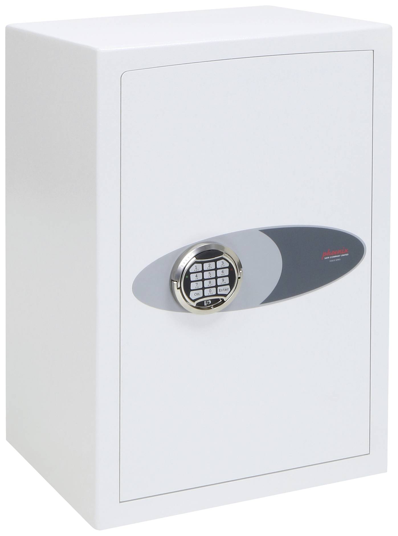 Un coffre-fort blanc avec un clavier électronique au centre de la porte, adapté pour le rangement sécurisé d'objets de valeur.