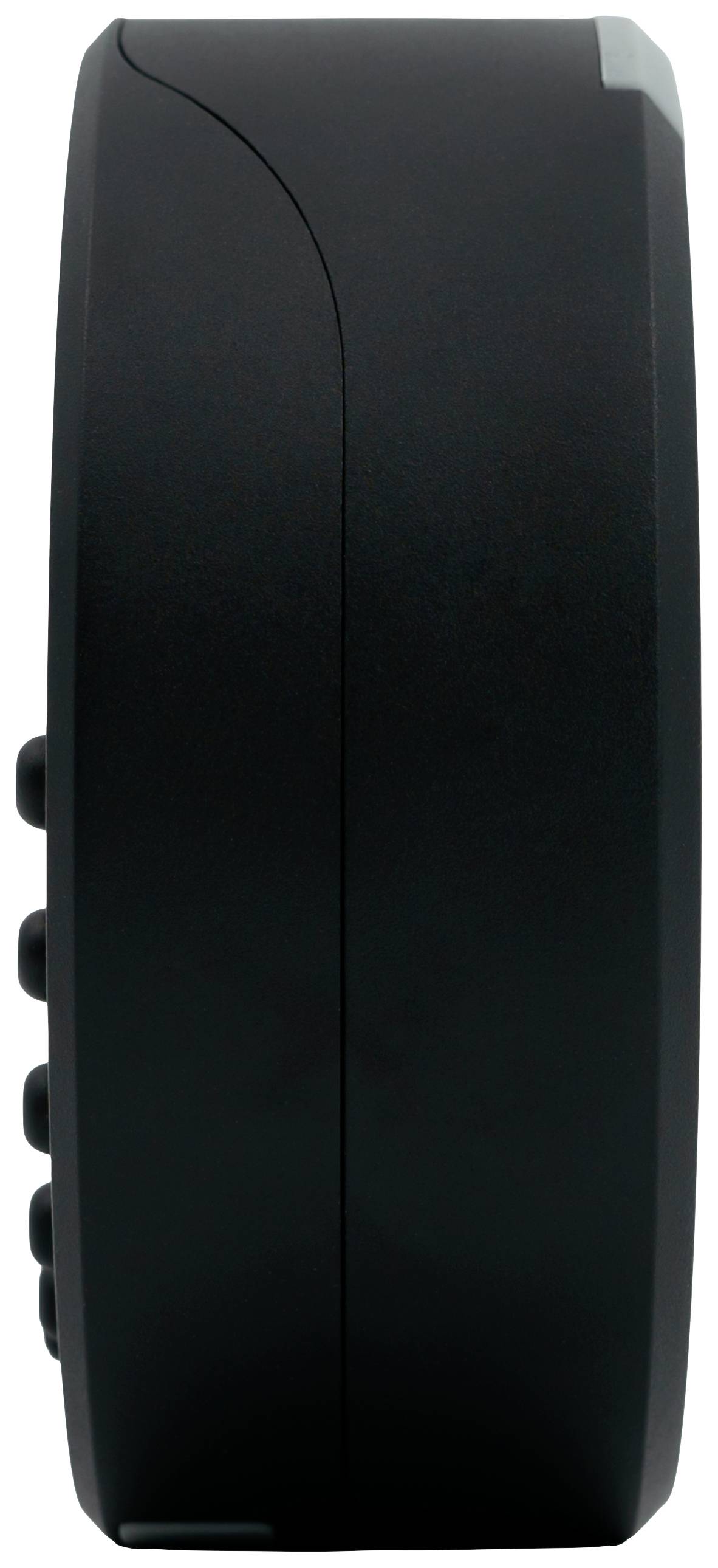 Vue unilatérale d'un appareil électronique noir avec plusieurs boutons sur le côté, probablement une partie de télécommande.