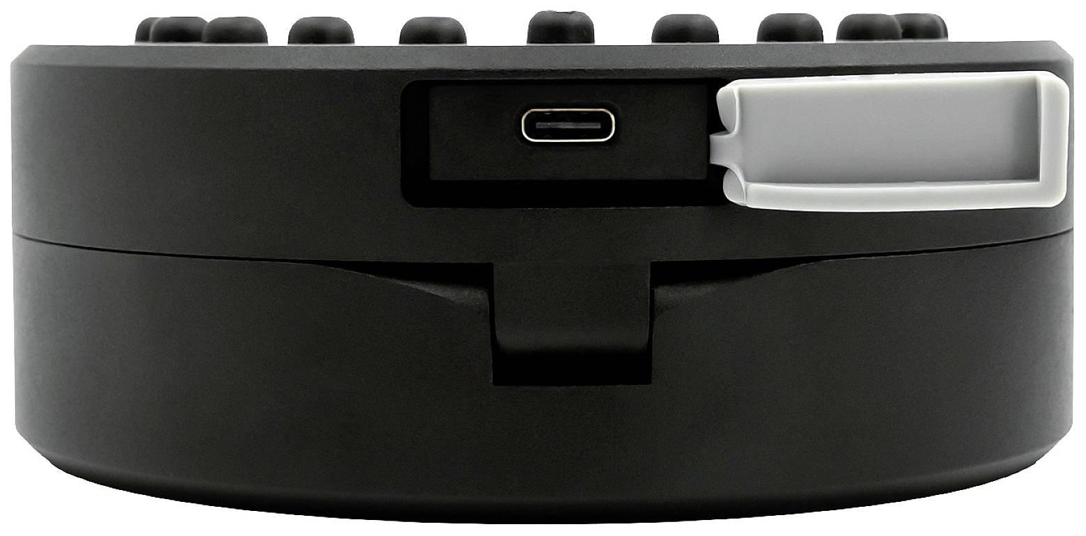 Dispositif électronique noir, rond, doté de plusieurs boutons et d'un port USB-C sur sa face avant.