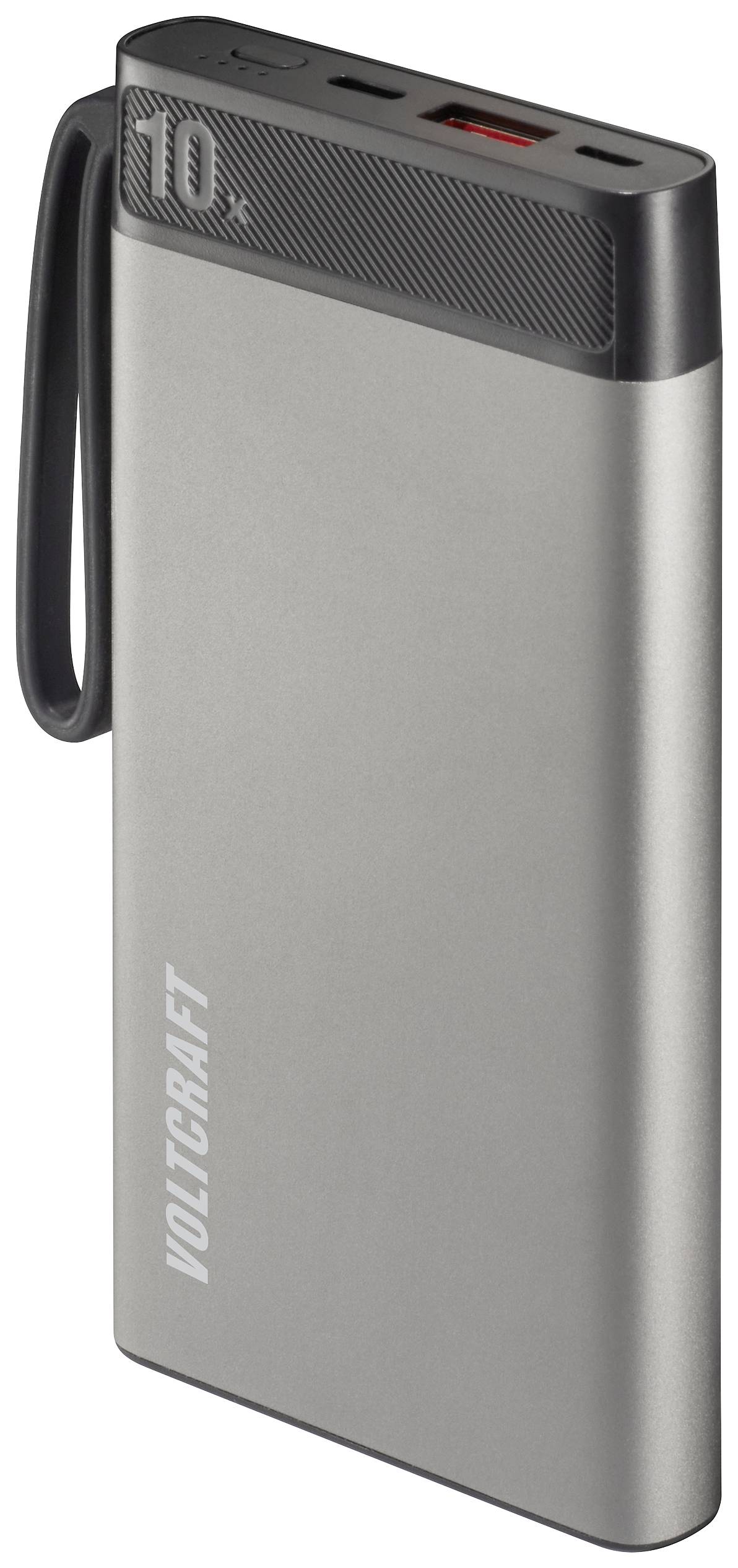 Batterie externe en argent avec bordure noire et cordon. Inscription '10x' et 'VOLTCRAFT' sur le côté. Idéal pour le chargement mobile.