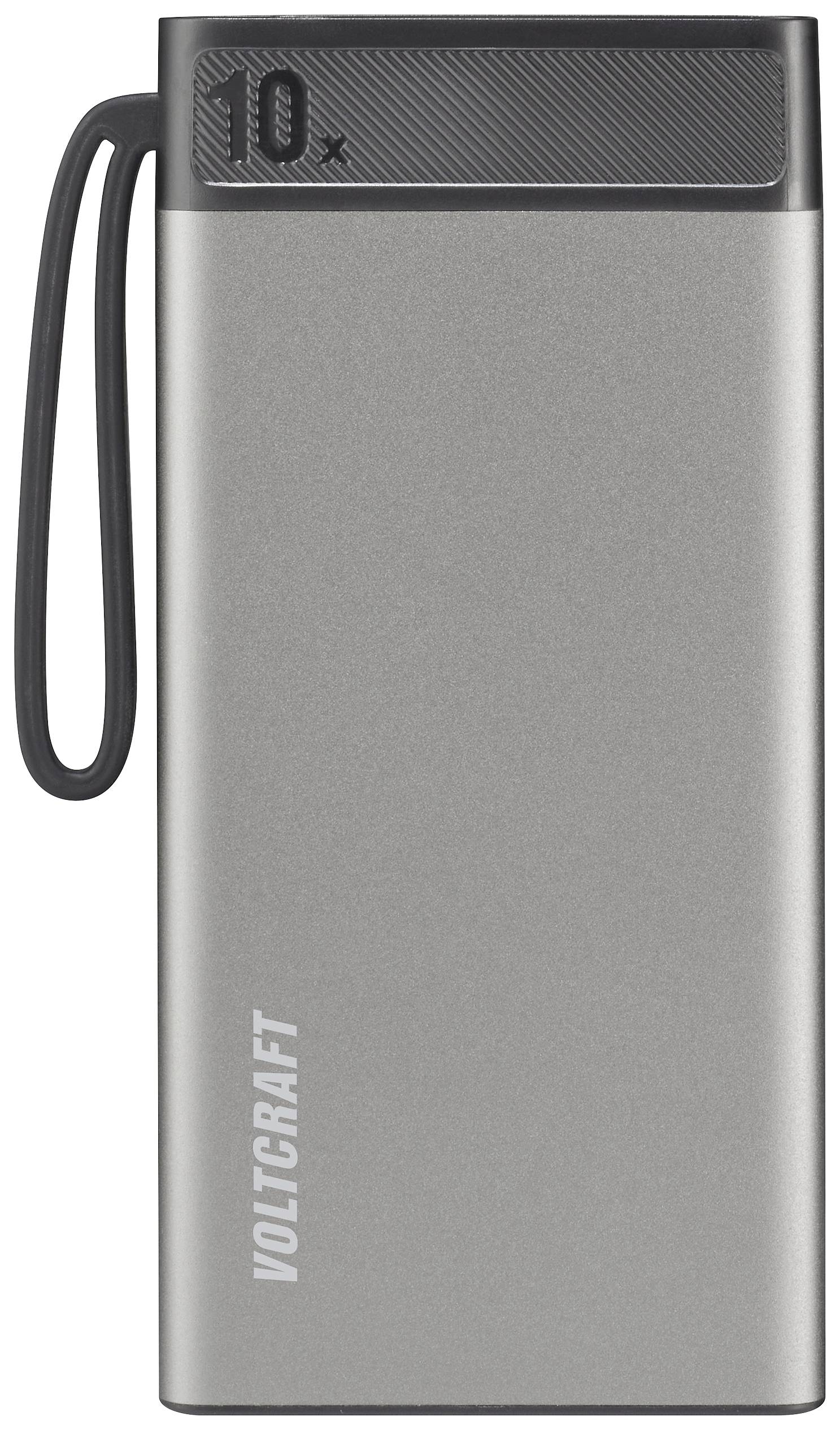 Batterie externe portable au design argenté portant l'inscription 'VOLTCRAFT' sur la face avant et '10x' sur la tranche supérieure.