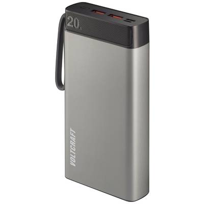 Une batterie externe argentée portant les inscriptions '20' et 'VOLTCRAFT', équipée de plusieurs ports et pourvue d'une sangle noire sur le côté.