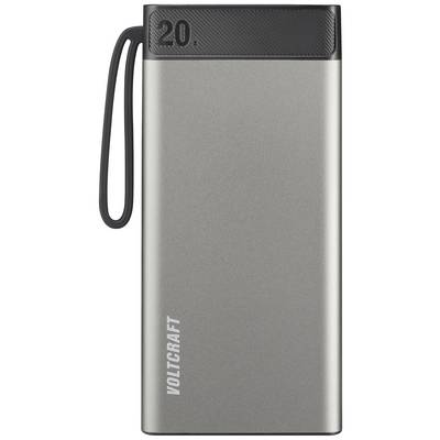 Batterie externe VOLTCRAFT en gris avec une capacité de 20, dotée d'un dessus noir et d'une lanière de transport sur le côté.