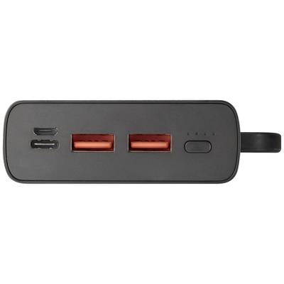 Chargeur noir avec deux ports USB-A, un port USB-C et un port Micro-USB. Comprend un bouton et des indicateurs de charge.