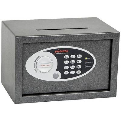 Le coffre-fort est gris, rectangulaire et dispose d'un panneau de commande avec des chiffres et un bouton rotatif pour l'ouverture et la fermeture.