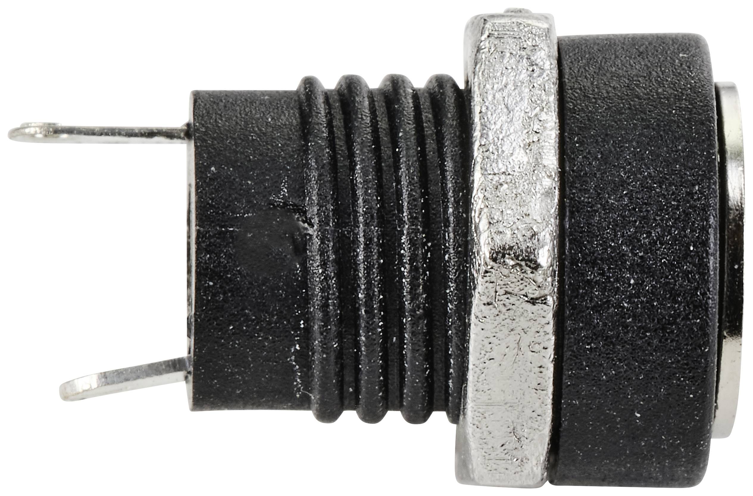 Manchon noir cylindrique avec deux broches métalliques, entouré d'un anneau métallique argenté. Utilisé pour la connexion d'appareils électriques.