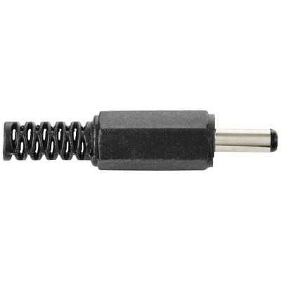 Un connecteur DC noir avec un embout métallique et un renfort à ressort spiralé à l'extrémité du câble, souvent utilisé pour les appareils électroniques.